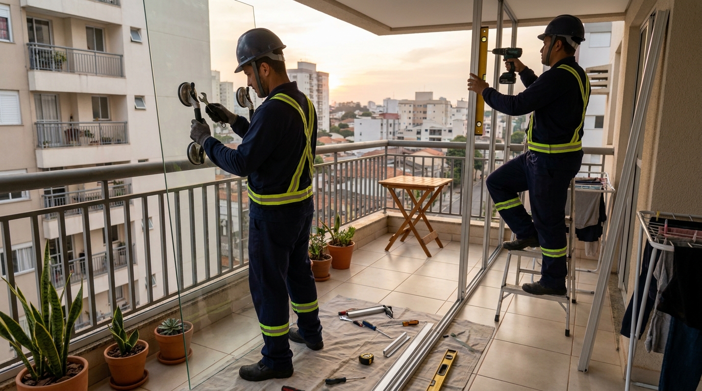 Instalação de parede de vidro em sacada em Sete Lagoas-MG