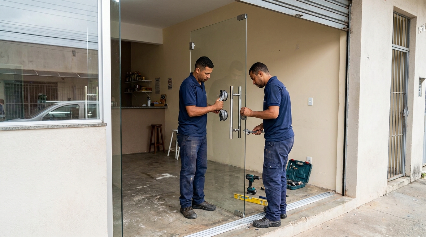 Dupla instalando porta de vidro em loja em Sete Lagoas-MG